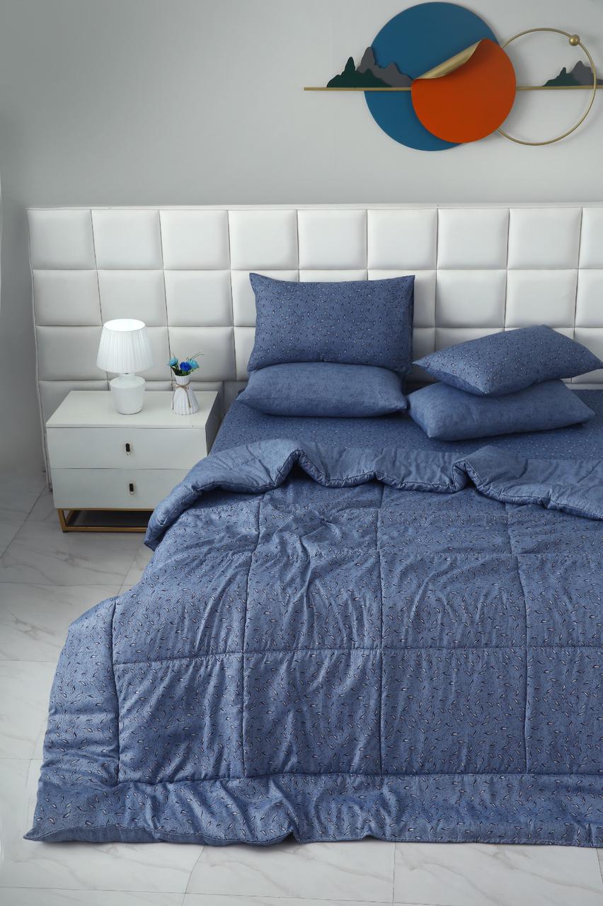 6 PCs Summer Comforter Set-Blue Feathers Bed Spread Apricot