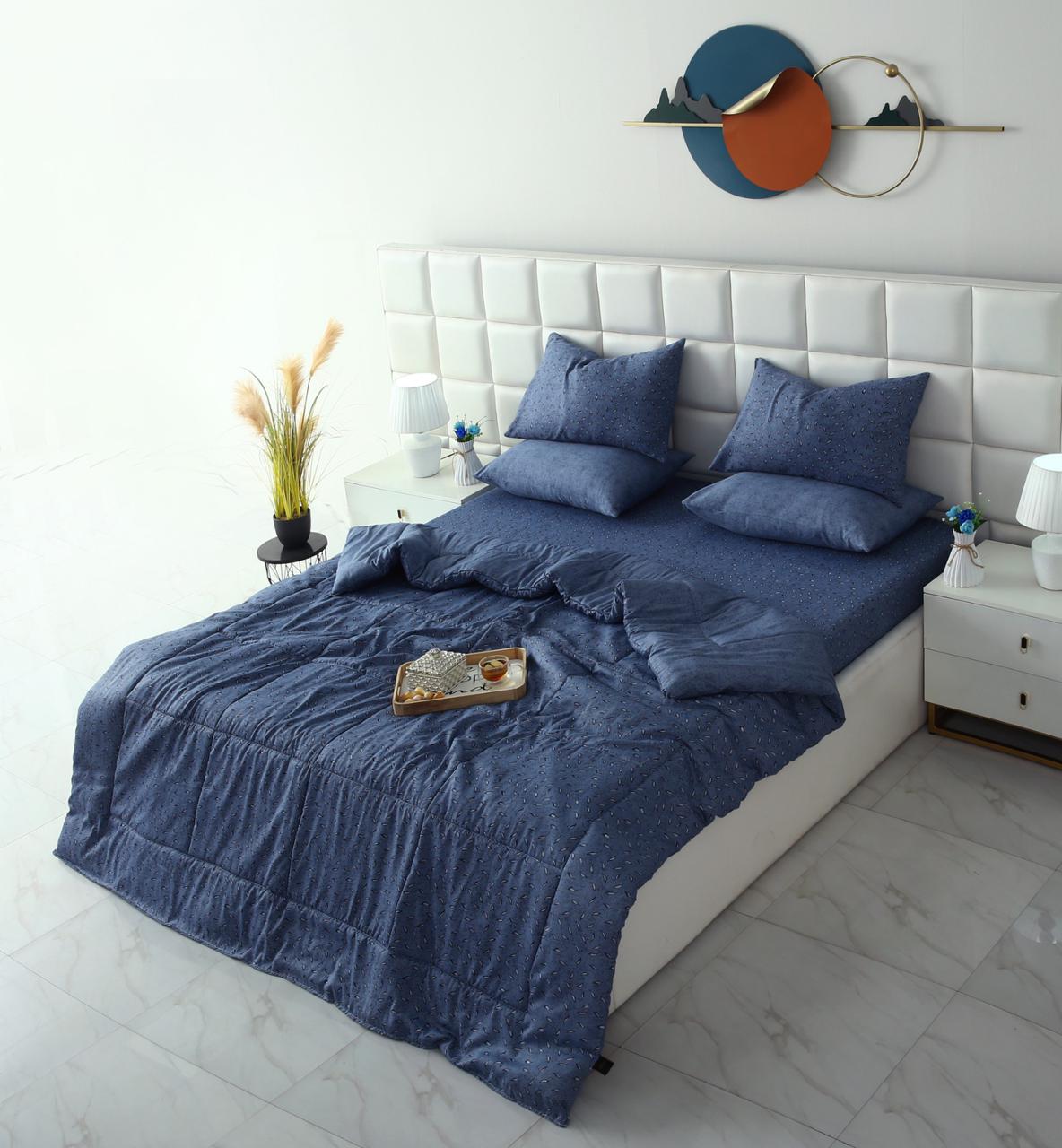6 PCs Summer Comforter Set-Blue Feathers Bed Spread Apricot