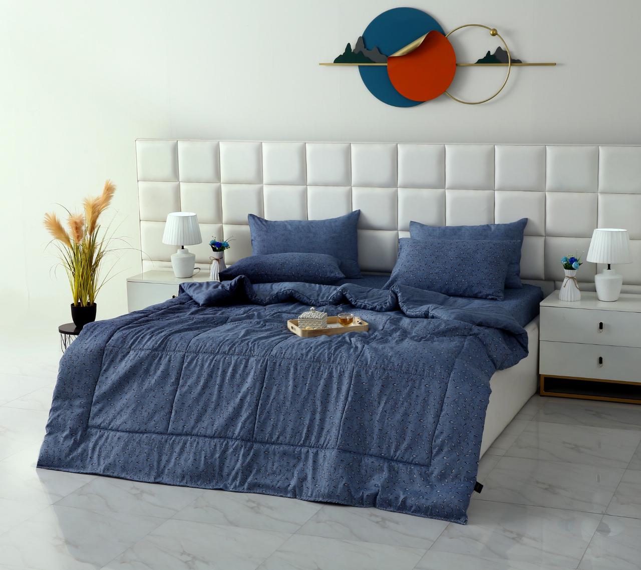 6 PCs Summer Comforter Set-Blue Feathers Bed Spread Apricot
