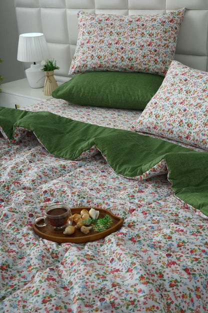 6 PCs Summer Comforter Set-Green Hellebore Bed Spread Apricot