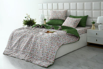 6 PCs Summer Comforter Set-Green Hellebore Bed Spread Apricot
