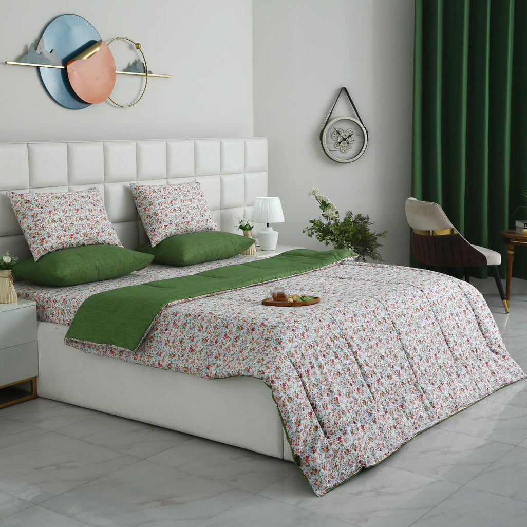6 PCs Summer Comforter Set-Green Hellebore Bed Spread Apricot