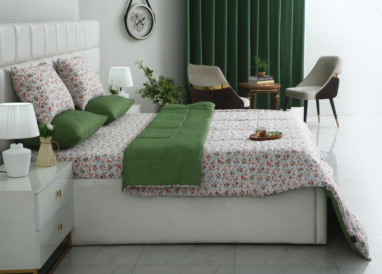 6 PCs Summer Comforter Set-Green Hellebore Bed Spread Apricot