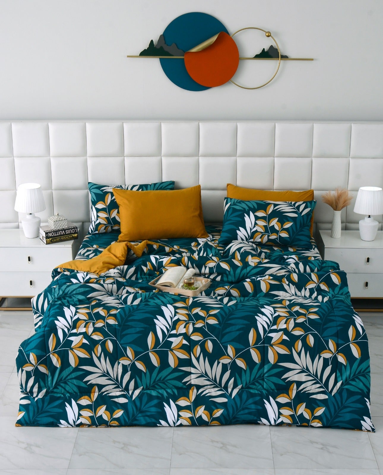 6 PCs Summer Comforter Set-Tropicals Bed Spread Apricot