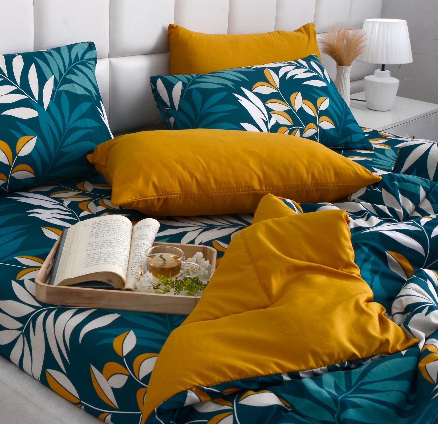 6 PCs Summer Comforter Set-Tropicals Bed Spread Apricot