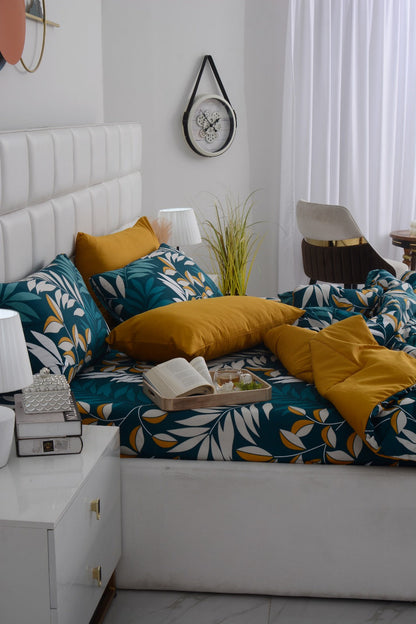 6 PCs Summer Comforter Set-Tropicals Bed Spread Apricot