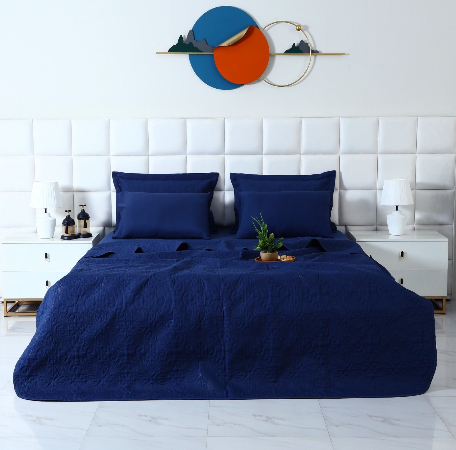 6 PCs Luxury Bed Spread Set-Navy Blue Bed Spread Apricot