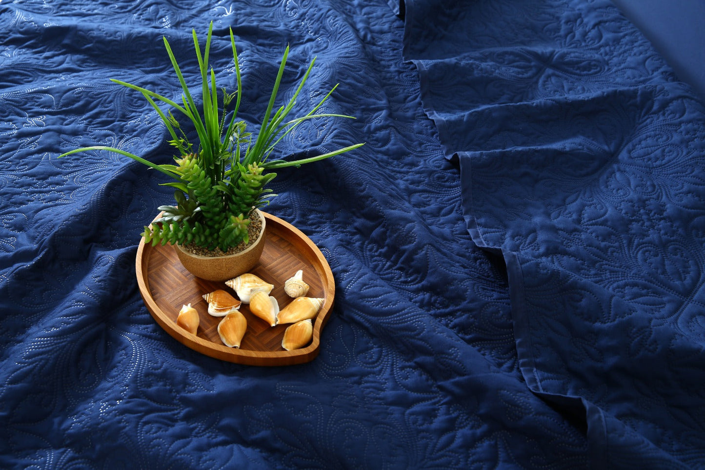 6 PCs Luxury Bed Spread Set-Navy Blue Bed Spread Apricot