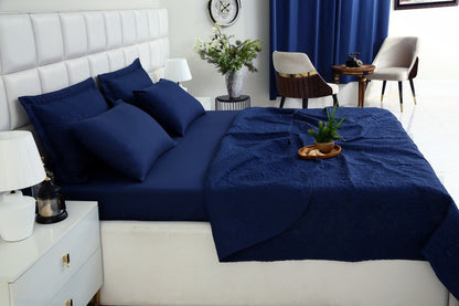 6 PCs Luxury Bed Spread Set-Navy Blue Bed Spread Apricot
