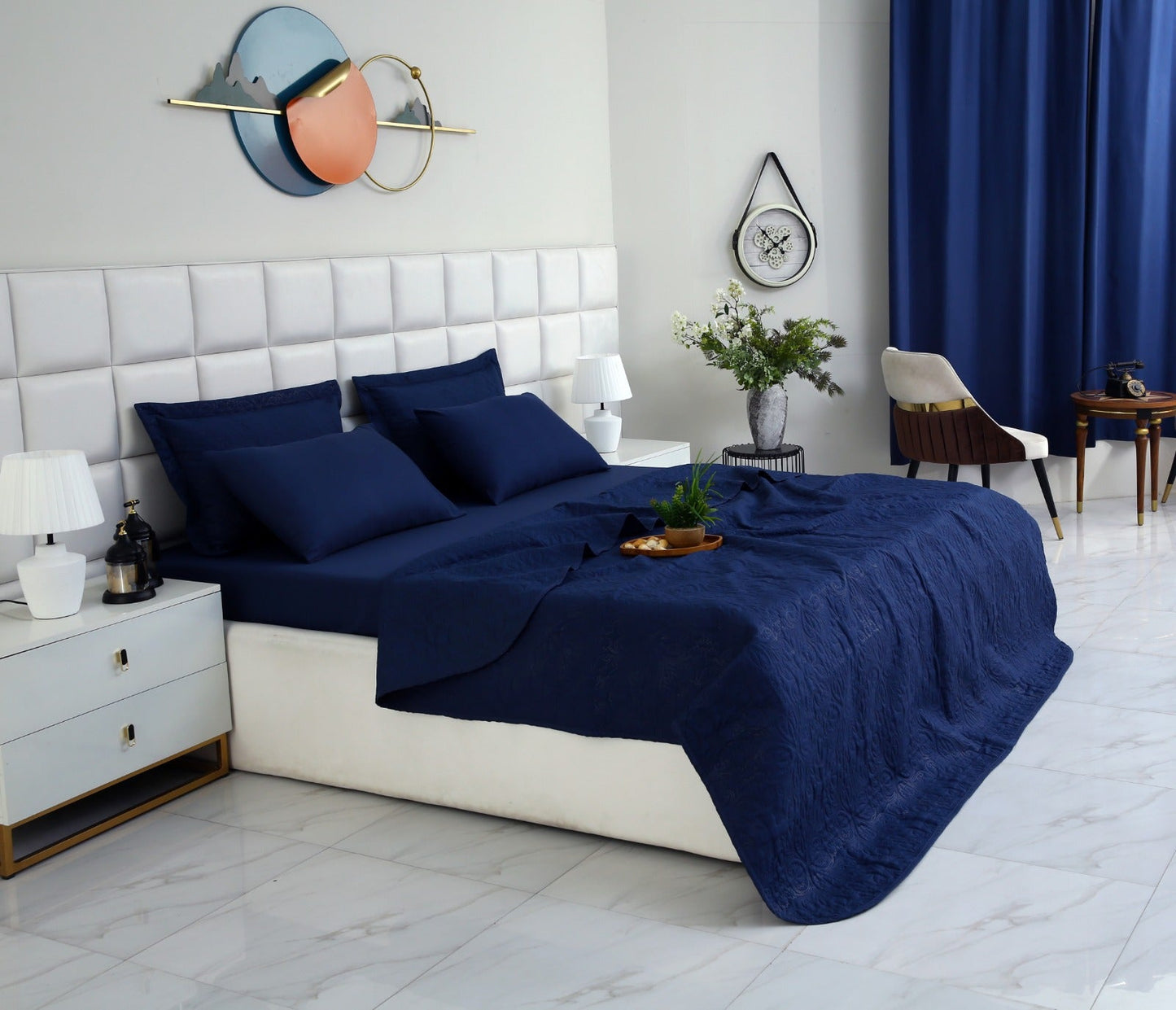 6 PCs Luxury Bed Spread Set-Navy Blue Bed Spread Apricot