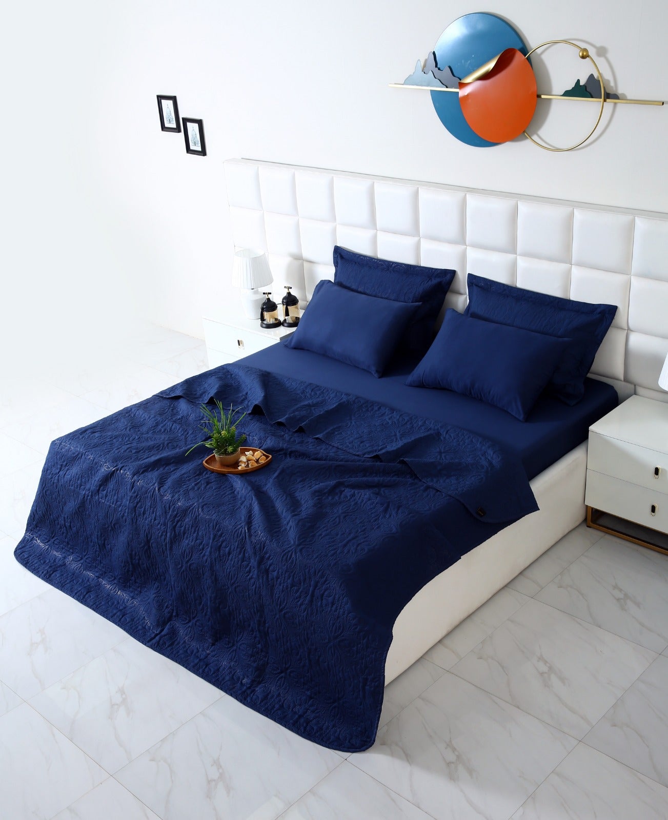6 PCs Luxury Bed Spread Set-Navy Blue Bed Spread Apricot