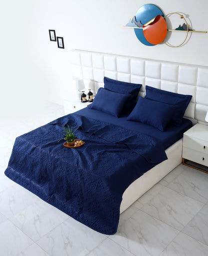6 PCs Luxury Bed Spread Set-Navy Blue Bed Spread Apricot