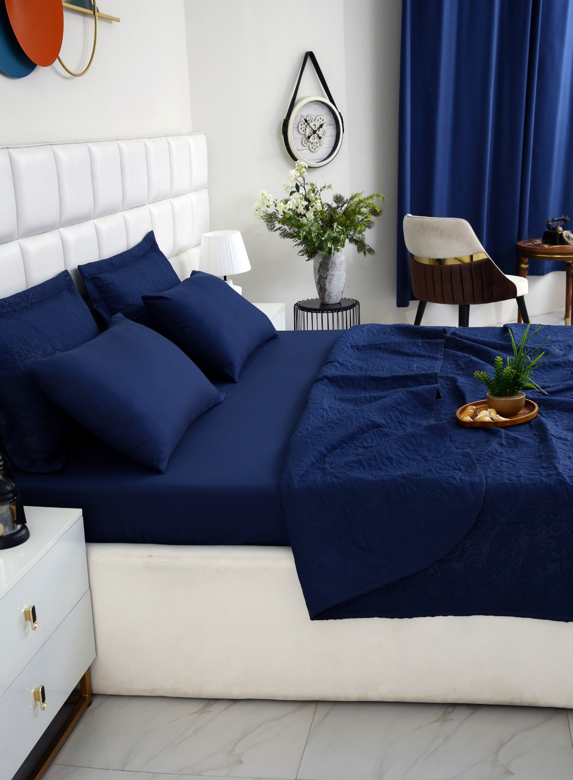 6 PCs Luxury Bed Spread Set-Navy Blue Bed Spread Apricot