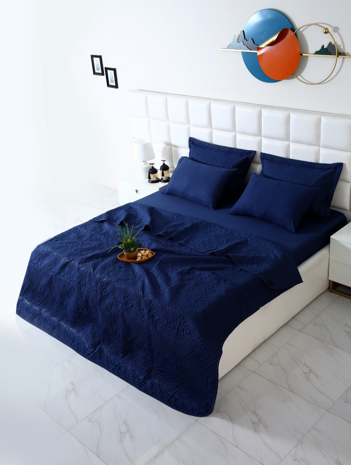 6 PCs Luxury Bed Spread Set-Navy Blue Bed Spread Apricot