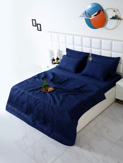6 PCs Luxury Bed Spread Set-Navy Blue Bed Spread Apricot
