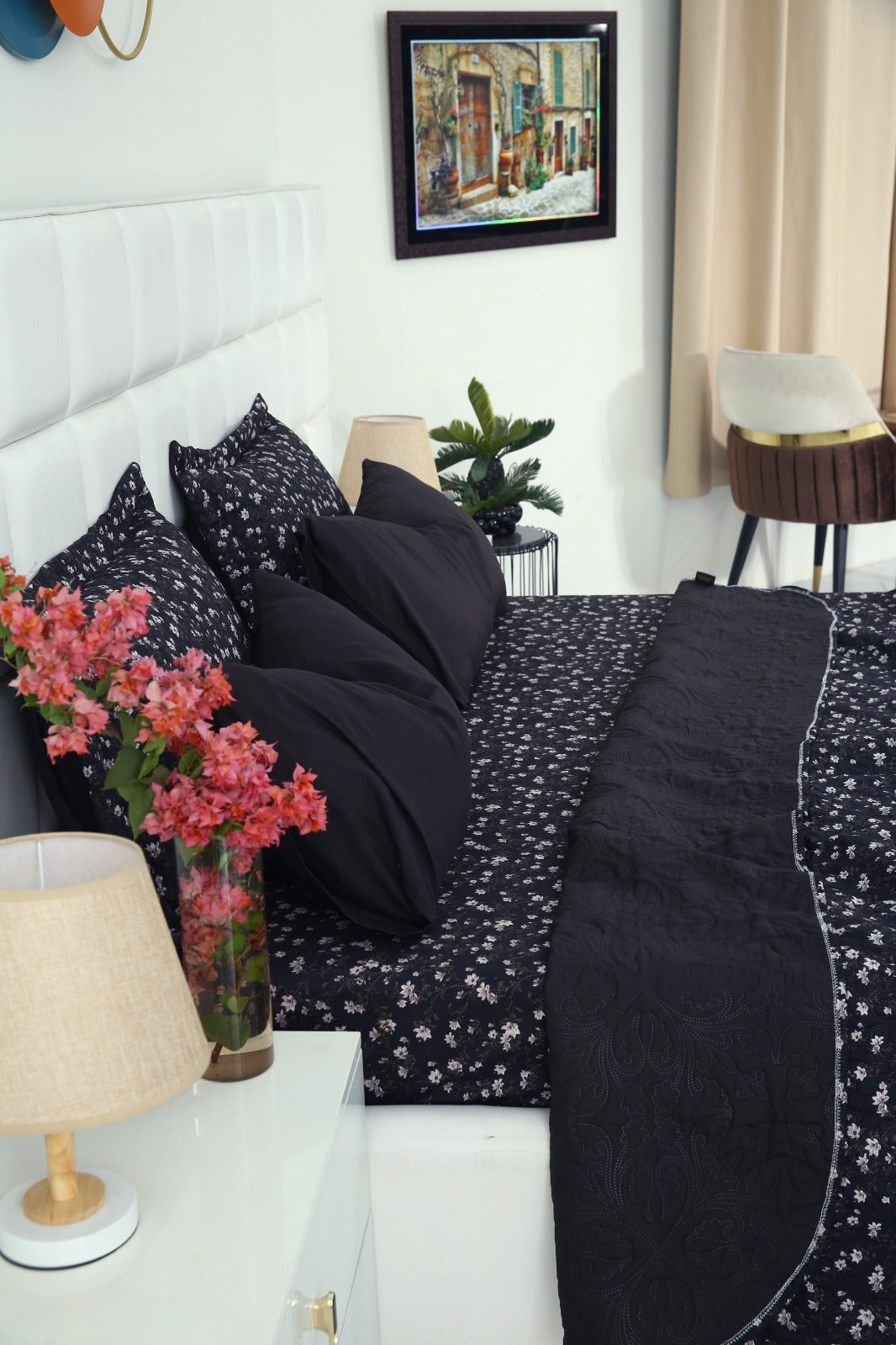 6 PCs Luxury Bed Spread Set-White Jazmin Bed Spread Apricot