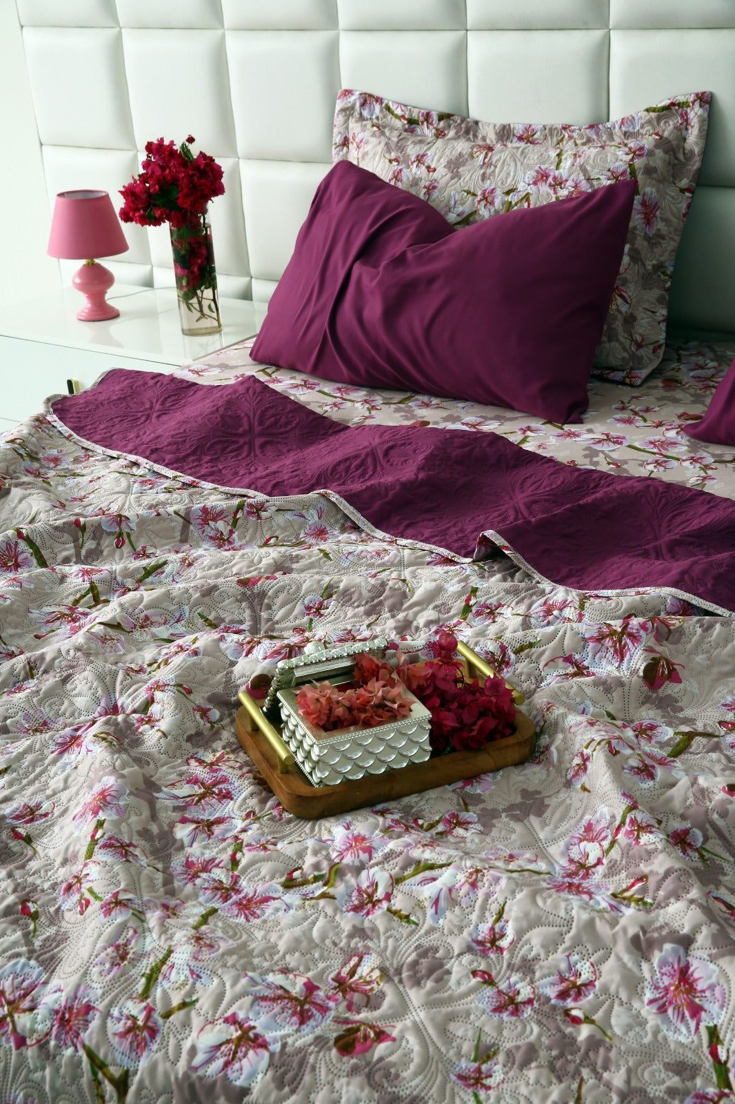 6 PCs Luxury Bed Spread Set-Bloom Bliss Bed Spread Apricot