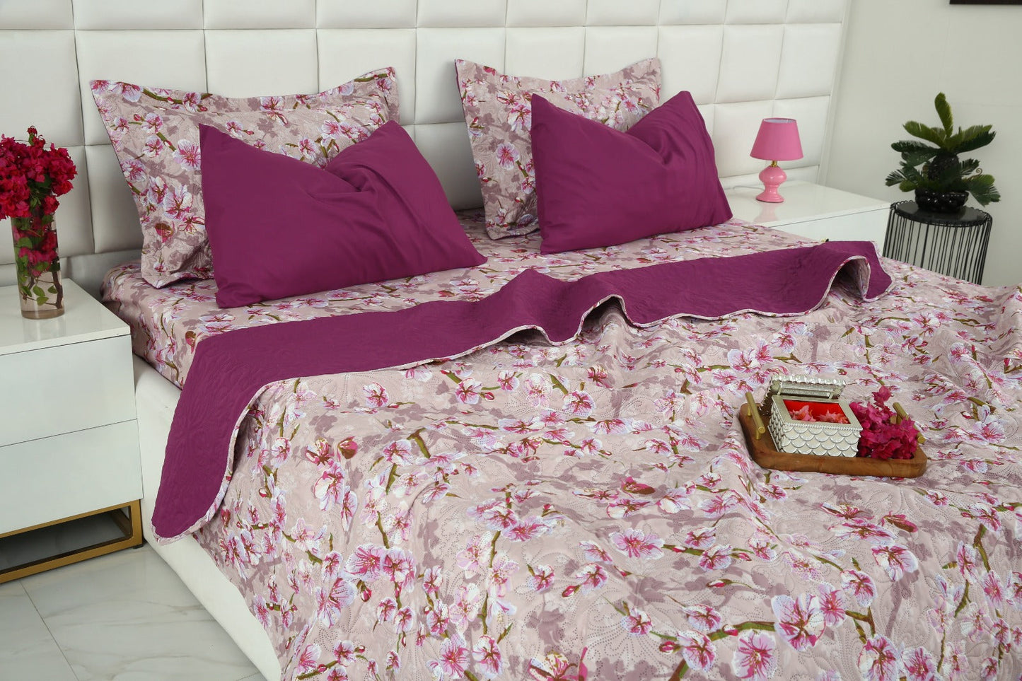 6 PCs Luxury Bed Spread Set-Bloom Bliss Bed Spread Apricot