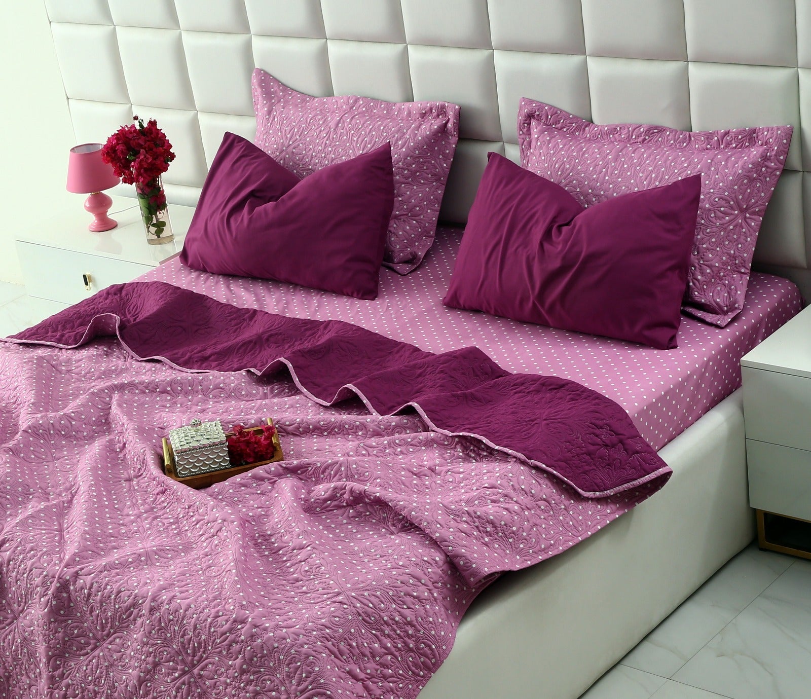 6 PCs Luxury Bed Spread Set-Lilac Polka Bed Spread Apricot