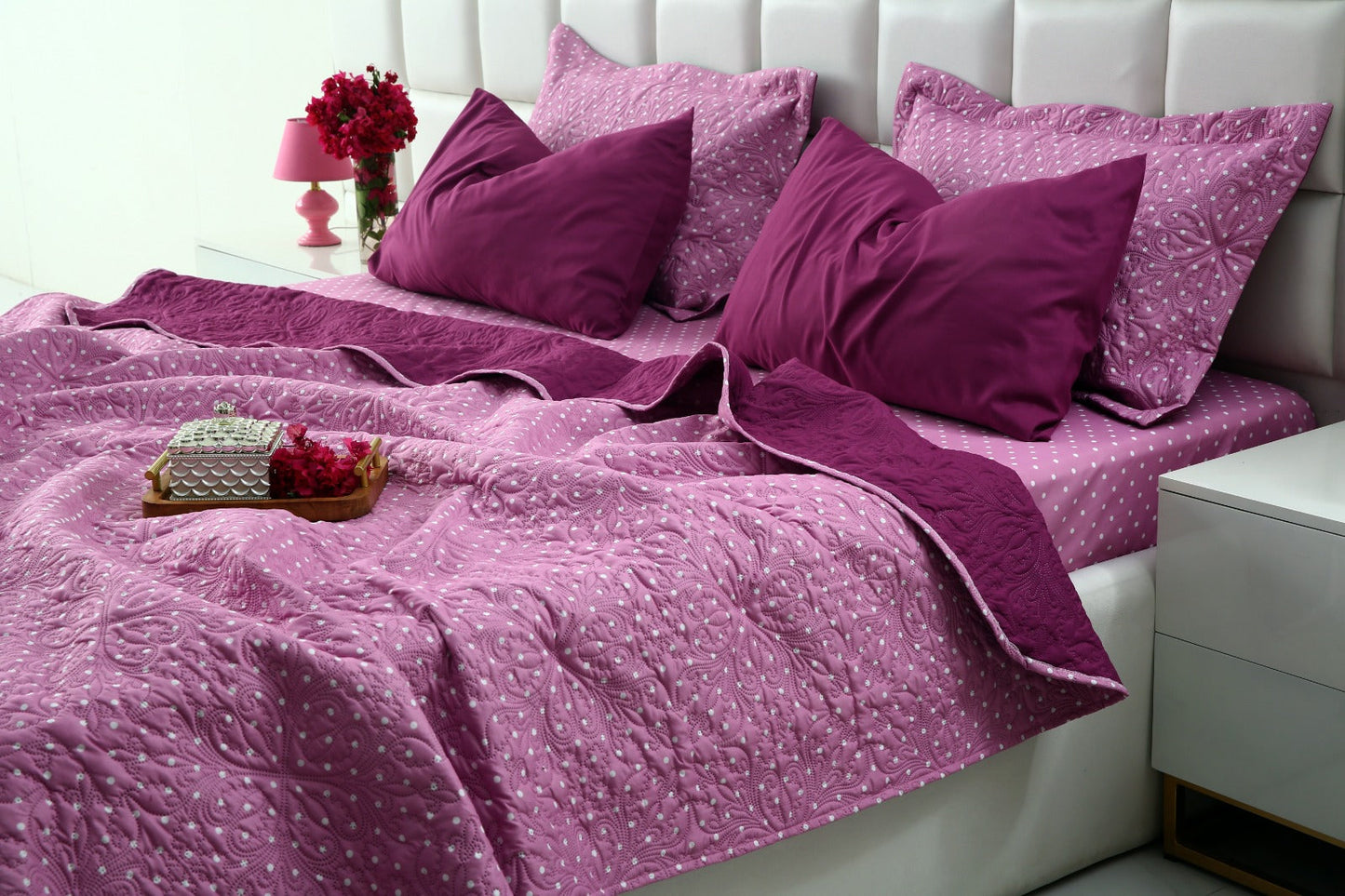 6 PCs Luxury Bed Spread Set-Lilac Polka Bed Spread Apricot