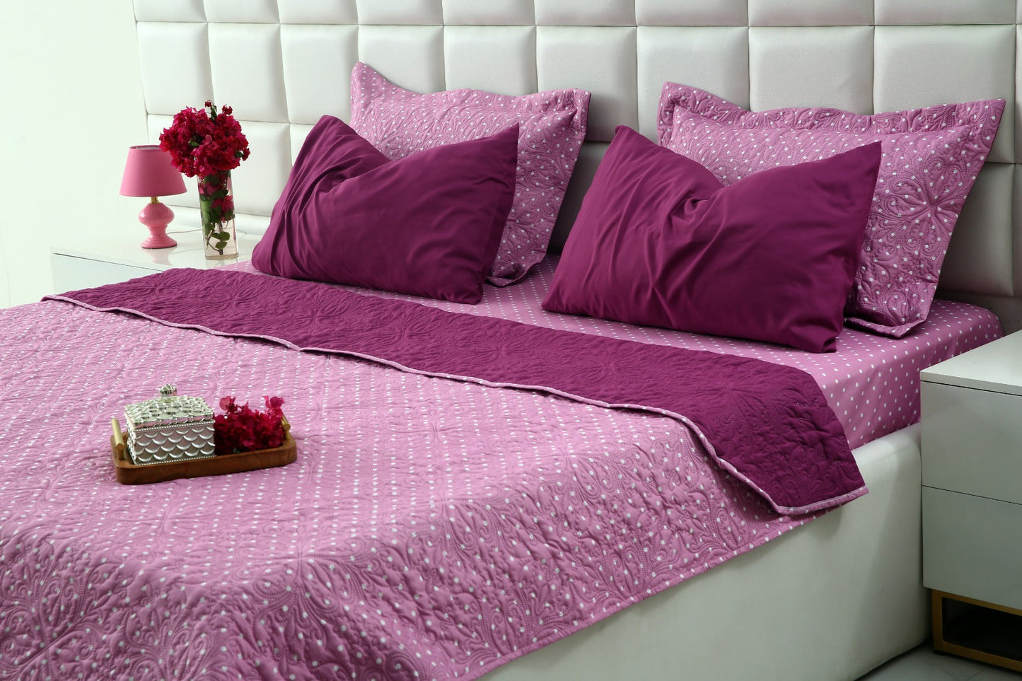 6 PCs Luxury Bed Spread Set-Lilac Polka Bed Spread Apricot