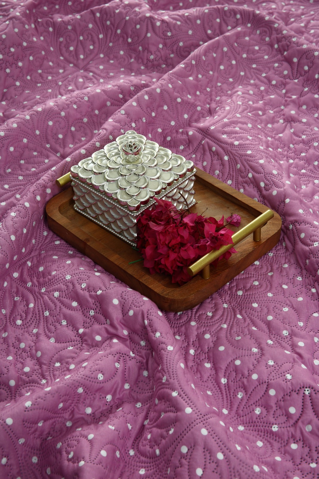 6 PCs Luxury Bed Spread Set-Lilac Polka Bed Spread Apricot