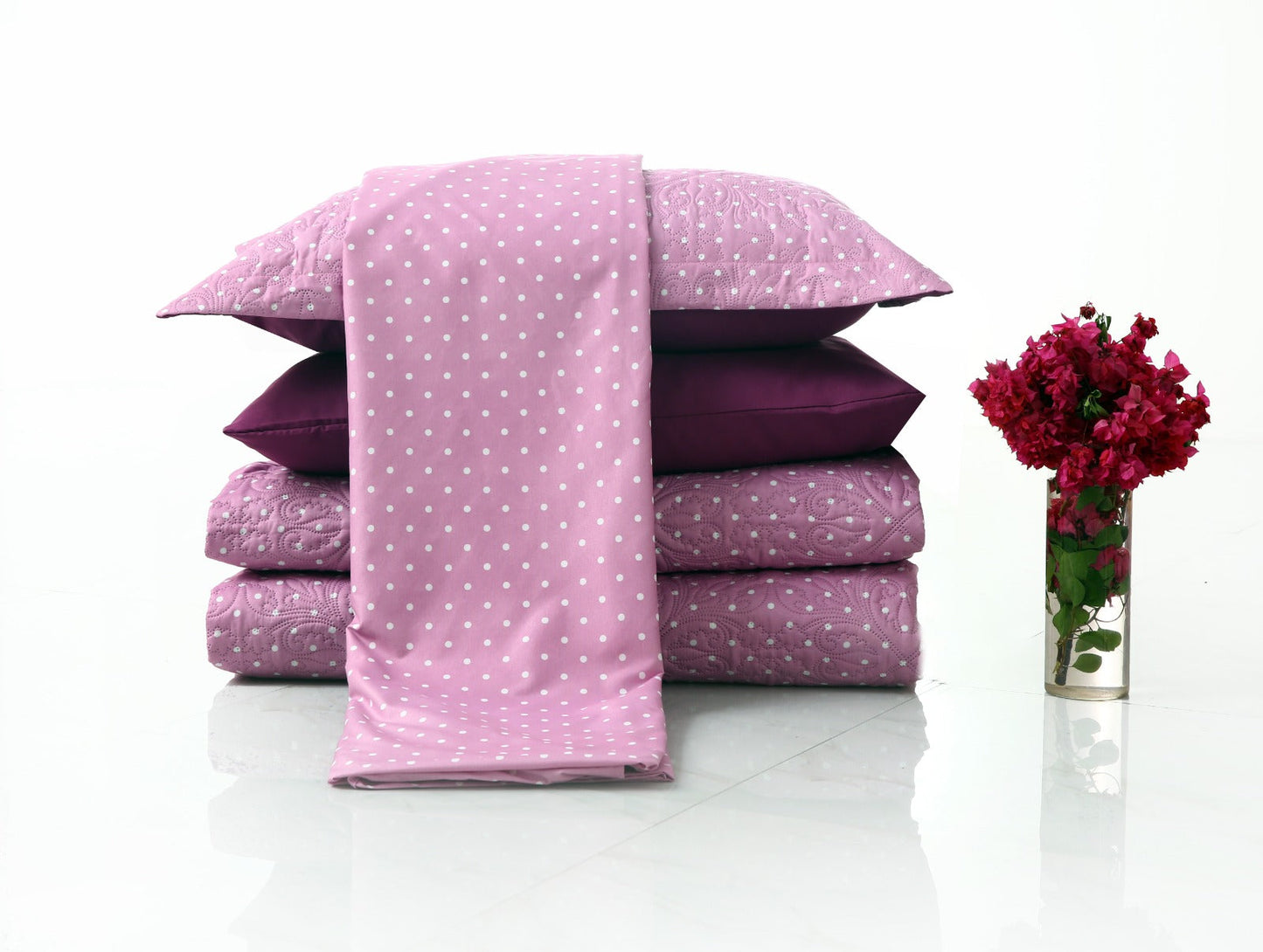 6 PCs Luxury Bed Spread Set-Lilac Polka Bed Spread Apricot