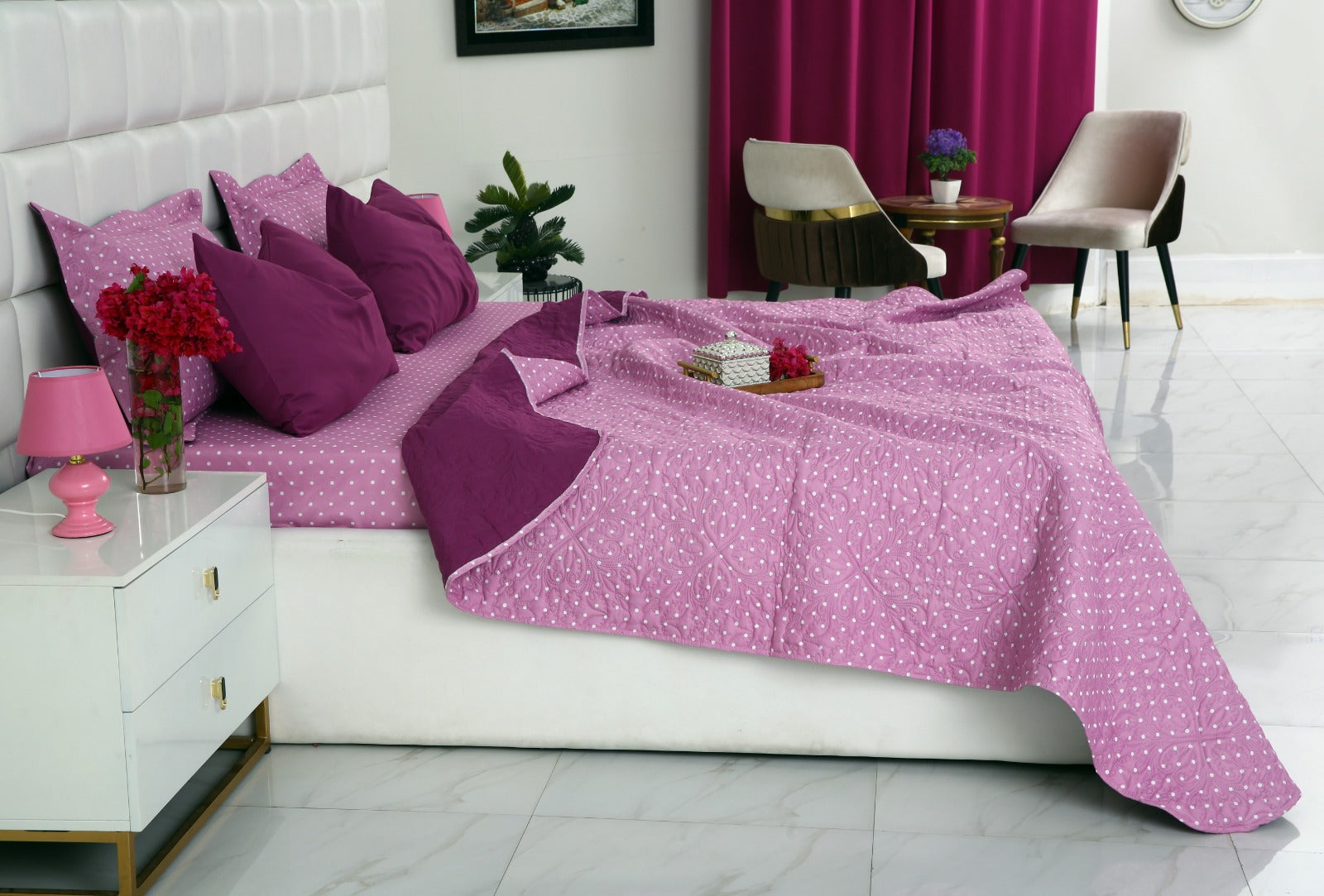 6 PCs Luxury Bed Spread Set-Lilac Polka Bed Spread Apricot