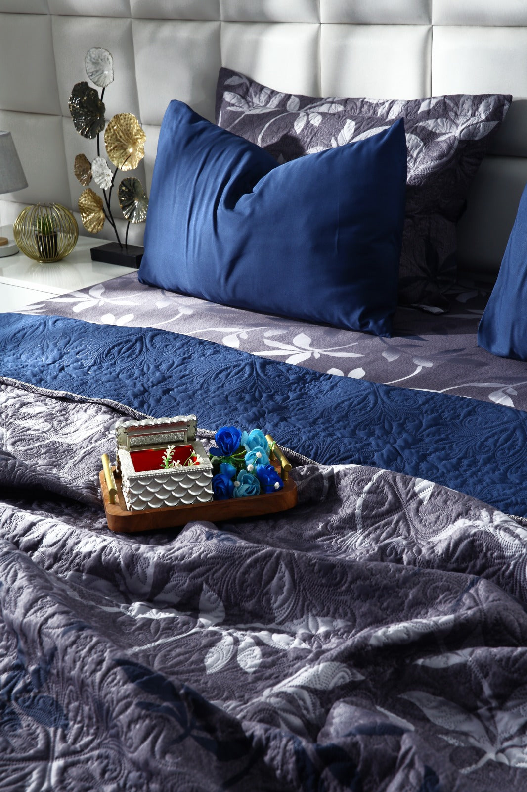 6 PCs Luxury Bed Spread Set-Grey Leaf Bed Spread Apricot