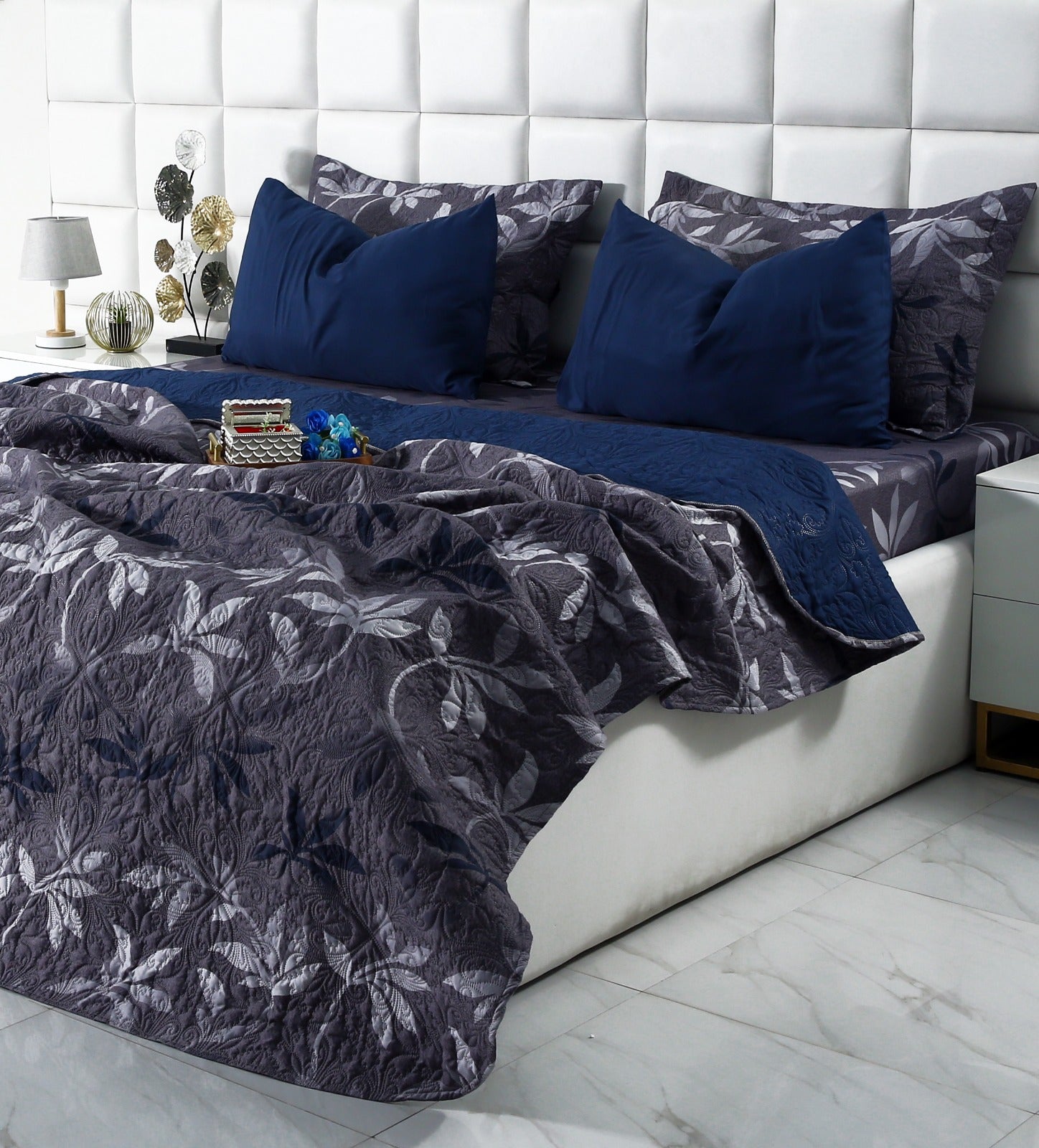 6 PCs Luxury Bed Spread Set-Grey Leaf Bed Spread Apricot