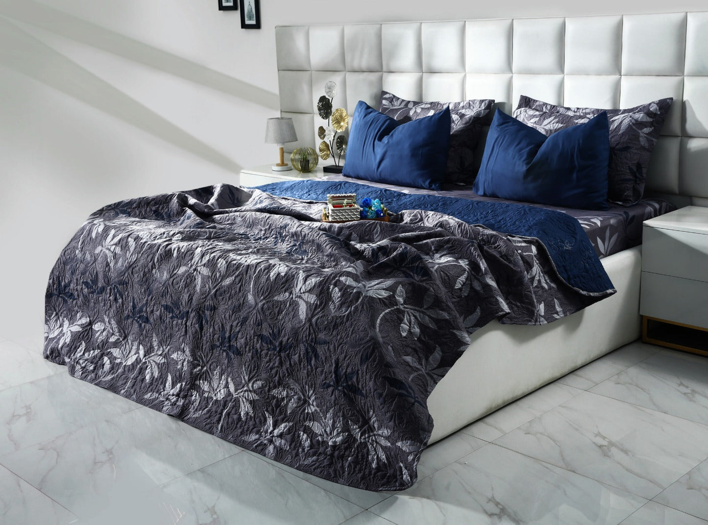 6 PCs Luxury Bed Spread Set-Grey Leaf Bed Spread Apricot