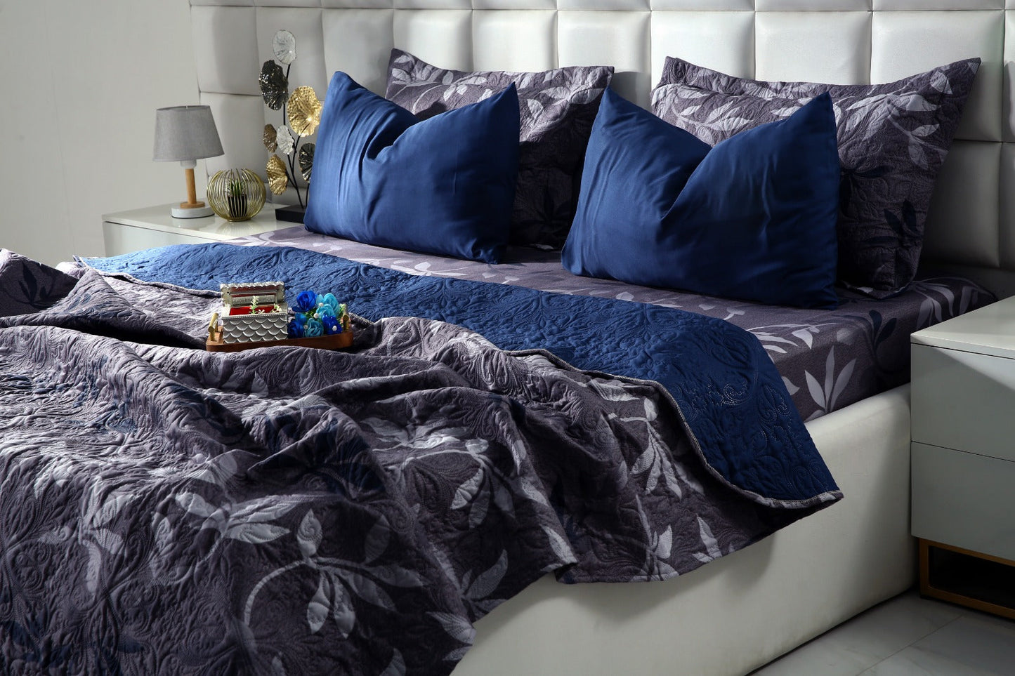 6 PCs Luxury Bed Spread Set-Grey Leaf Bed Spread Apricot