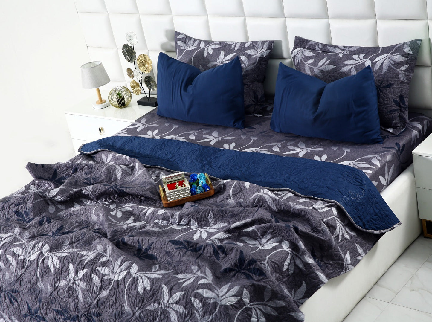 6 PCs Luxury Bed Spread Set-Grey Leaf Bed Spread Apricot