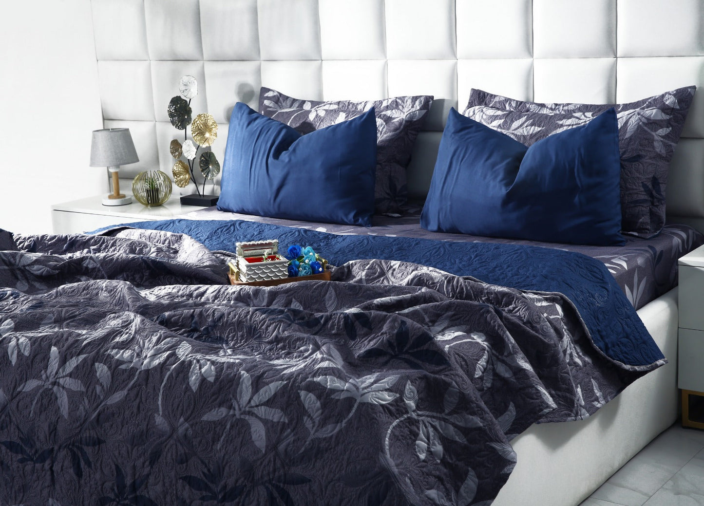 6 PCs Luxury Bed Spread Set-Grey Leaf Bed Spread Apricot