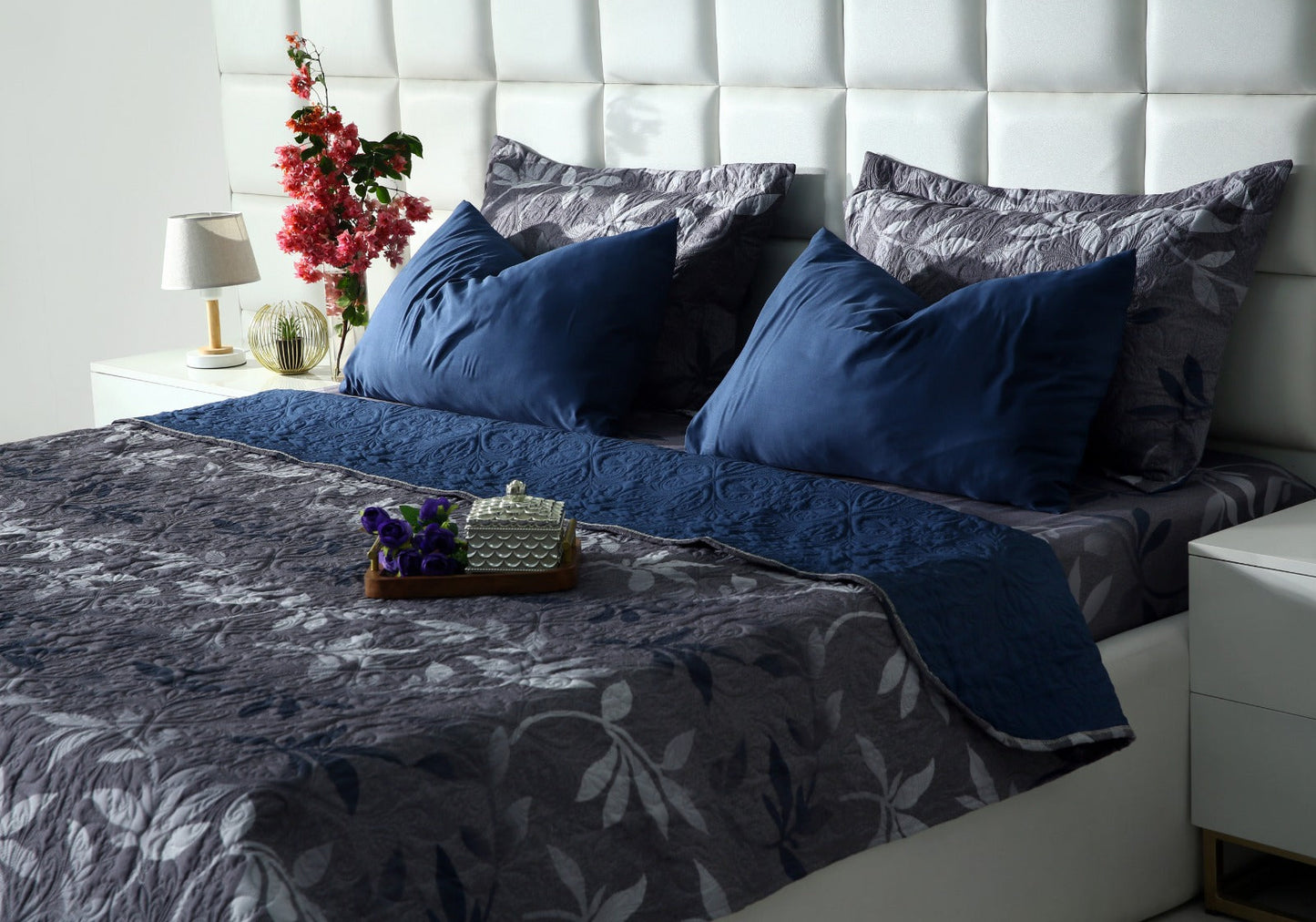 6 PCs Luxury Bed Spread Set-Grey Leaf Bed Spread Apricot