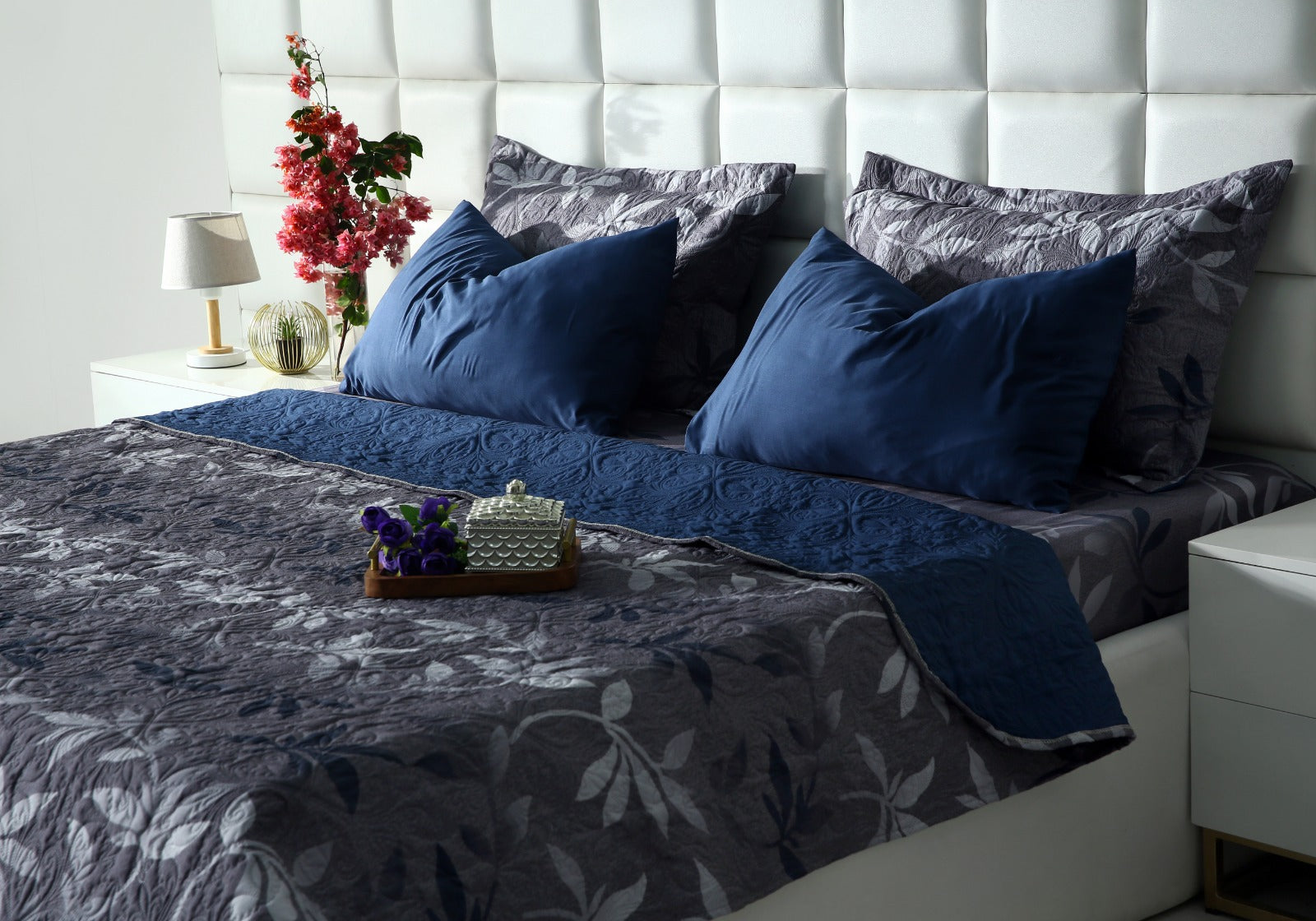 6 PCs Luxury Bed Spread Set-Grey Leaf Bed Spread Apricot