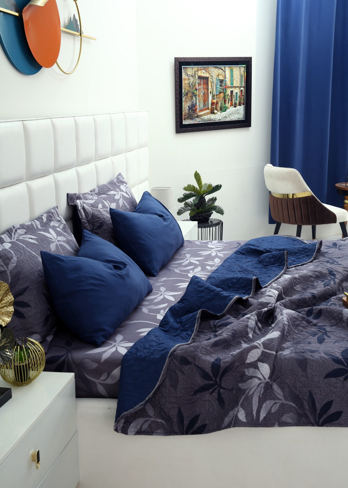 6 PCs Luxury Bed Spread Set-Grey Leaf Bed Spread Apricot