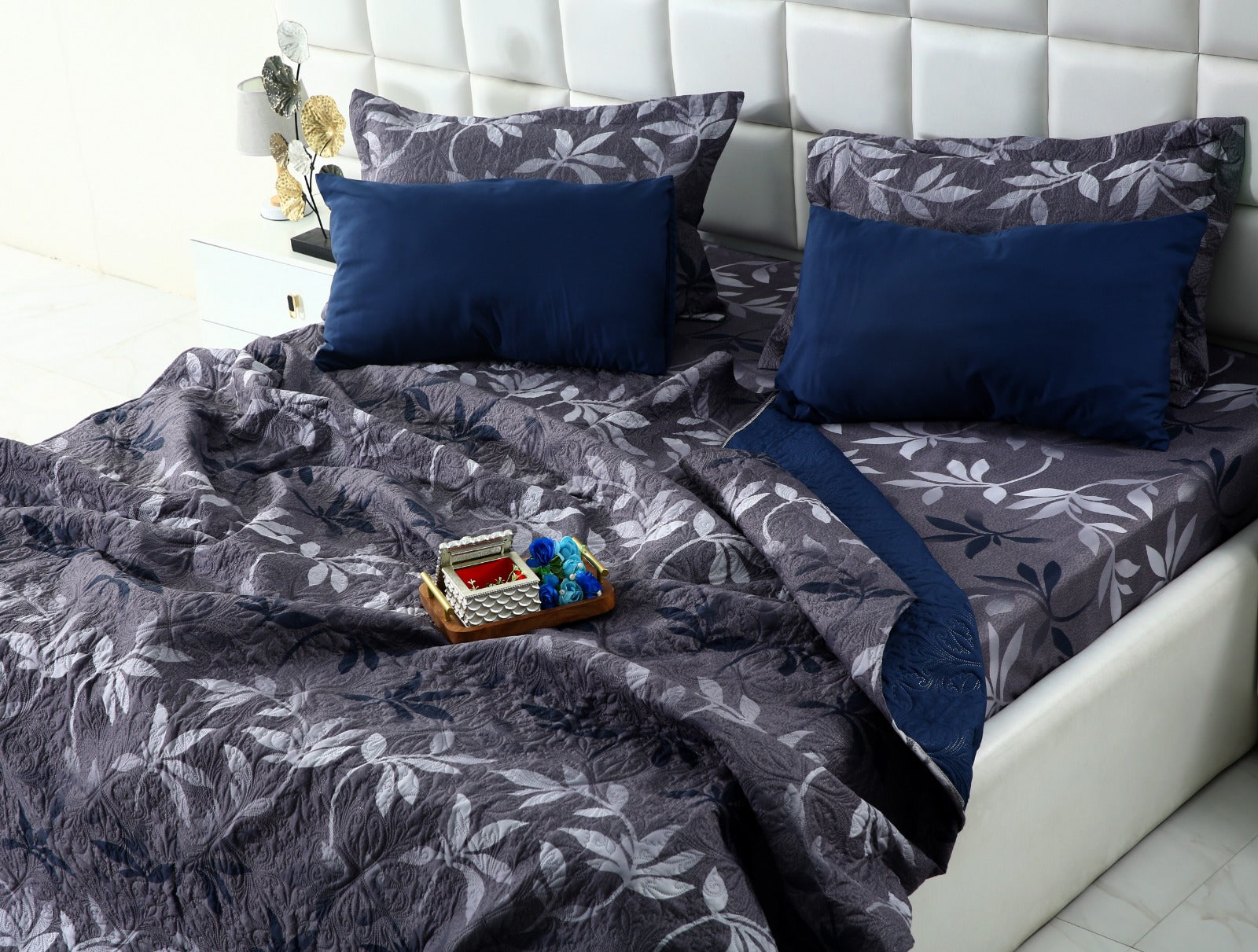 6 PCs Luxury Bed Spread Set-Grey Leaf Bed Spread Apricot