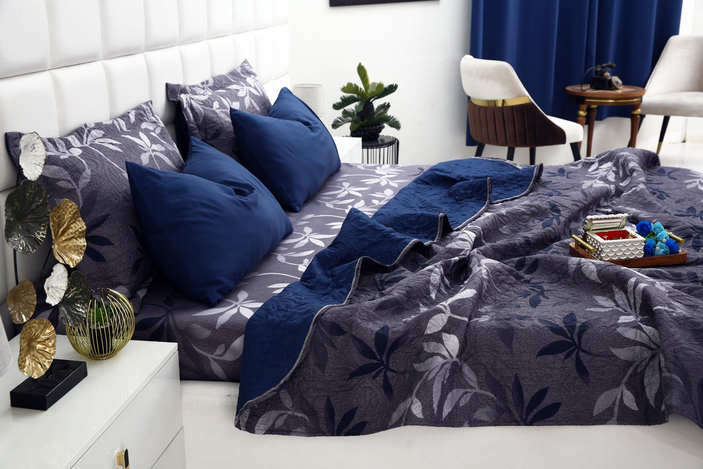 6 PCs Luxury Bed Spread Set-Grey Leaf Bed Spread Apricot