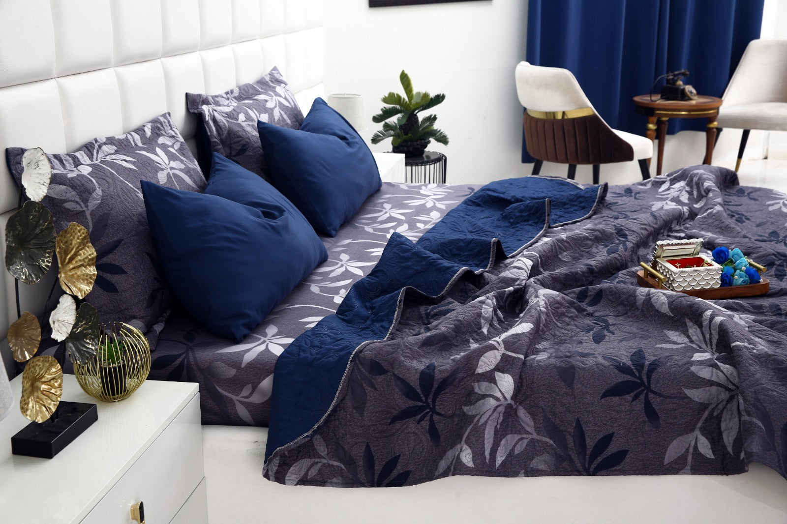 6 PCs Luxury Bed Spread Set-Grey Leaf Bed Spread Apricot