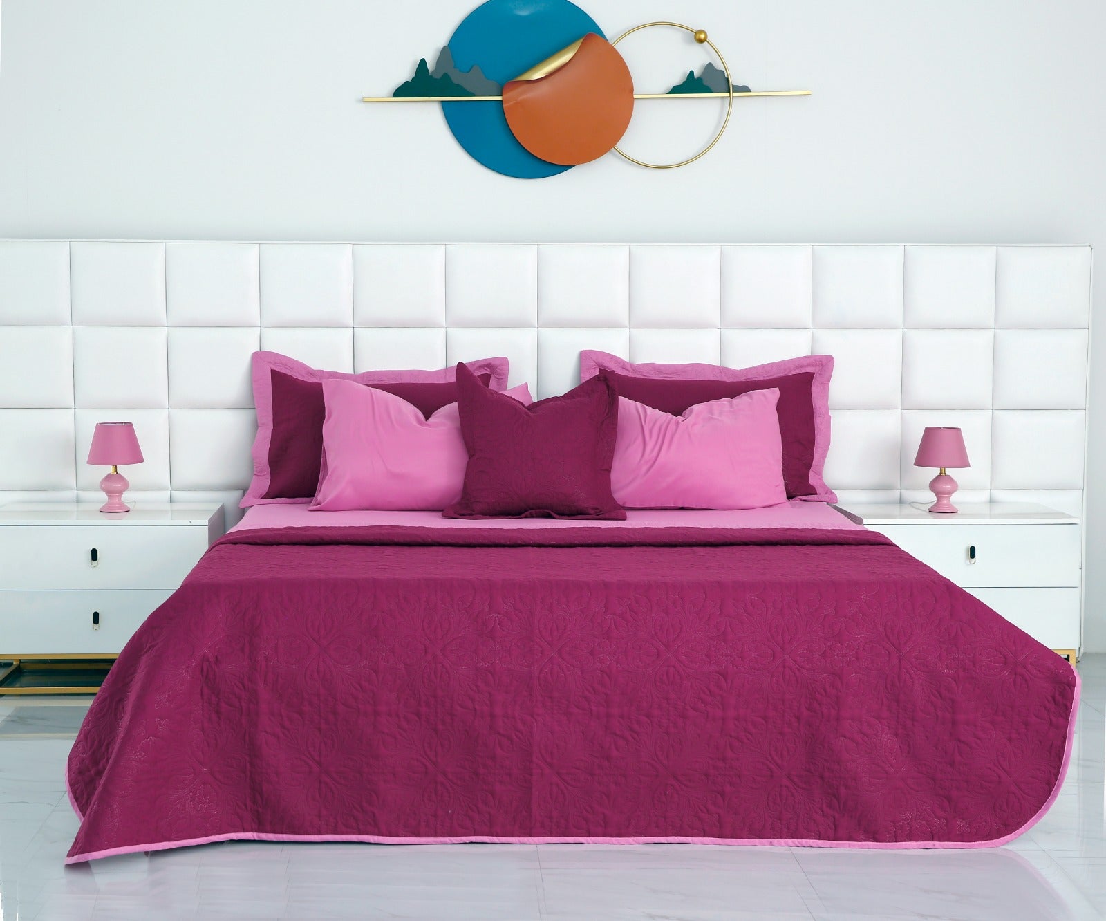 3 PCs Printed Bed Spread Set-Plum Over Lilac Bed Spread Apricot