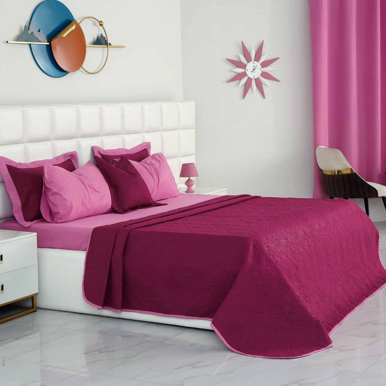 3 PCs Printed Bed Spread Set-Plum Over Lilac Bed Spread Apricot