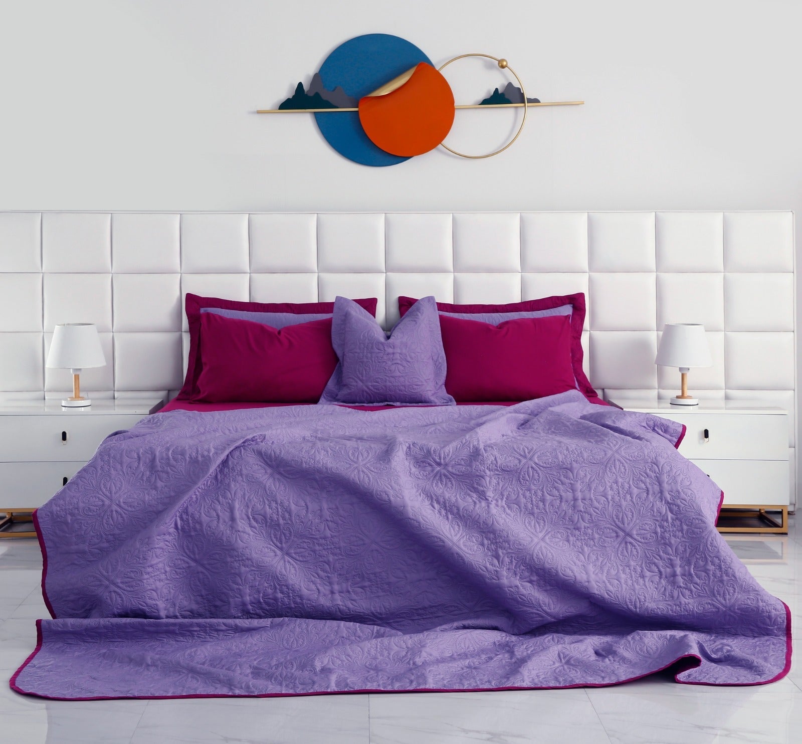 3 PCs Printed Bed Spread Set-Plum Over Purple Bed Spread Apricot