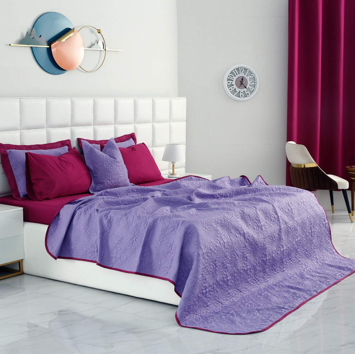 3 PCs Printed Bed Spread Set-Plum Over Purple Bed Spread Apricot