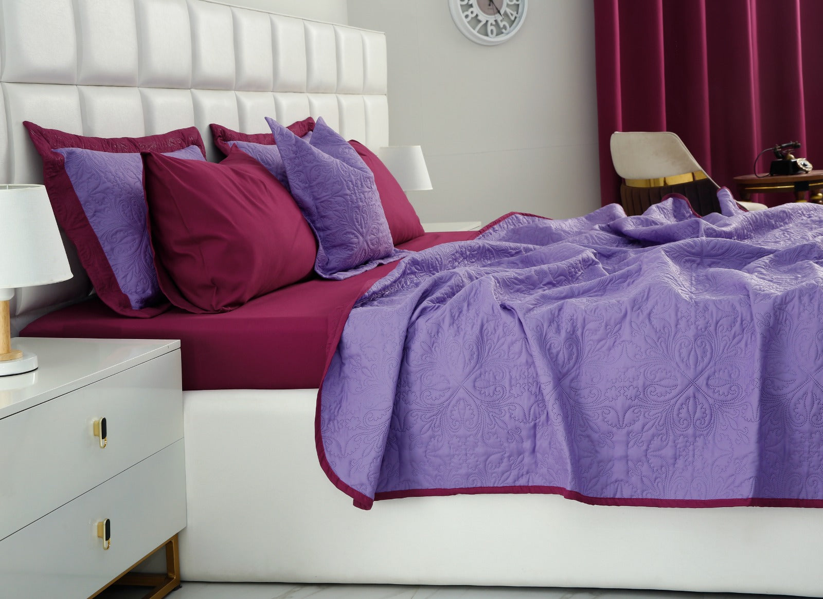 3 PCs Printed Bed Spread Set-Plum Over Purple Bed Spread Apricot