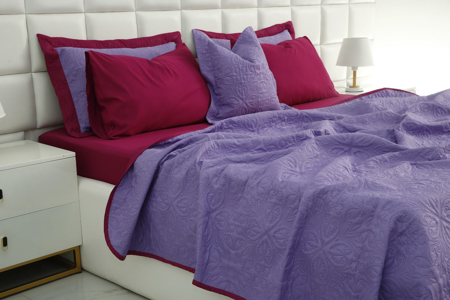 3 PCs Printed Bed Spread Set-Plum Over Purple Bed Spread Apricot