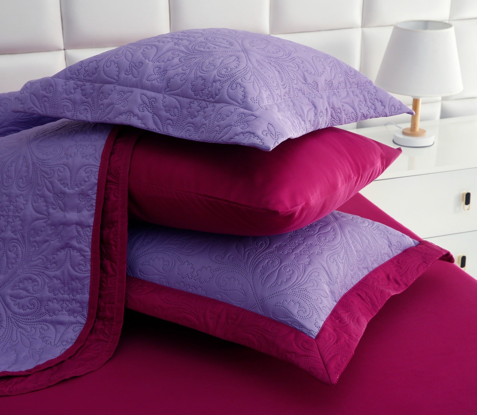 3 PCs Printed Bed Spread Set-Plum Over Purple Bed Spread Apricot