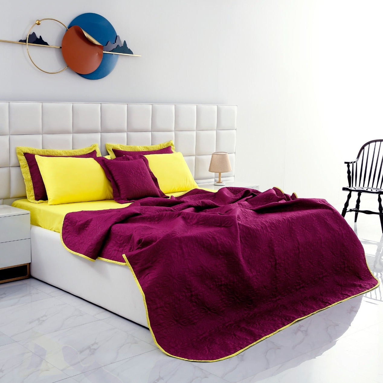 3 PCs Printed Bed Spread Set-Plum Over Yellow Bed Spread Apricot