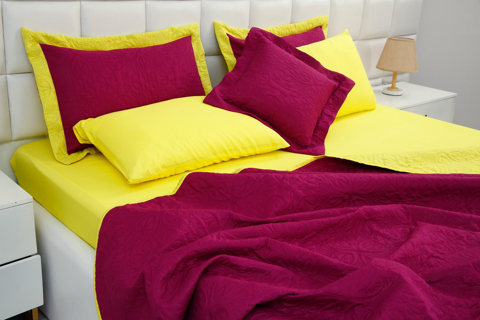 3 PCs Printed Bed Spread Set-Plum Over Yellow Bed Spread Apricot