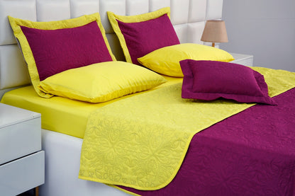 3 PCs Printed Bed Spread Set-Plum Over Yellow Bed Spread Apricot